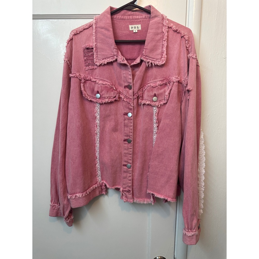POL Distressed Lace Trim Denim Jacket Pink Mauve Boho Frayed‎ YKJ20 Womens Large